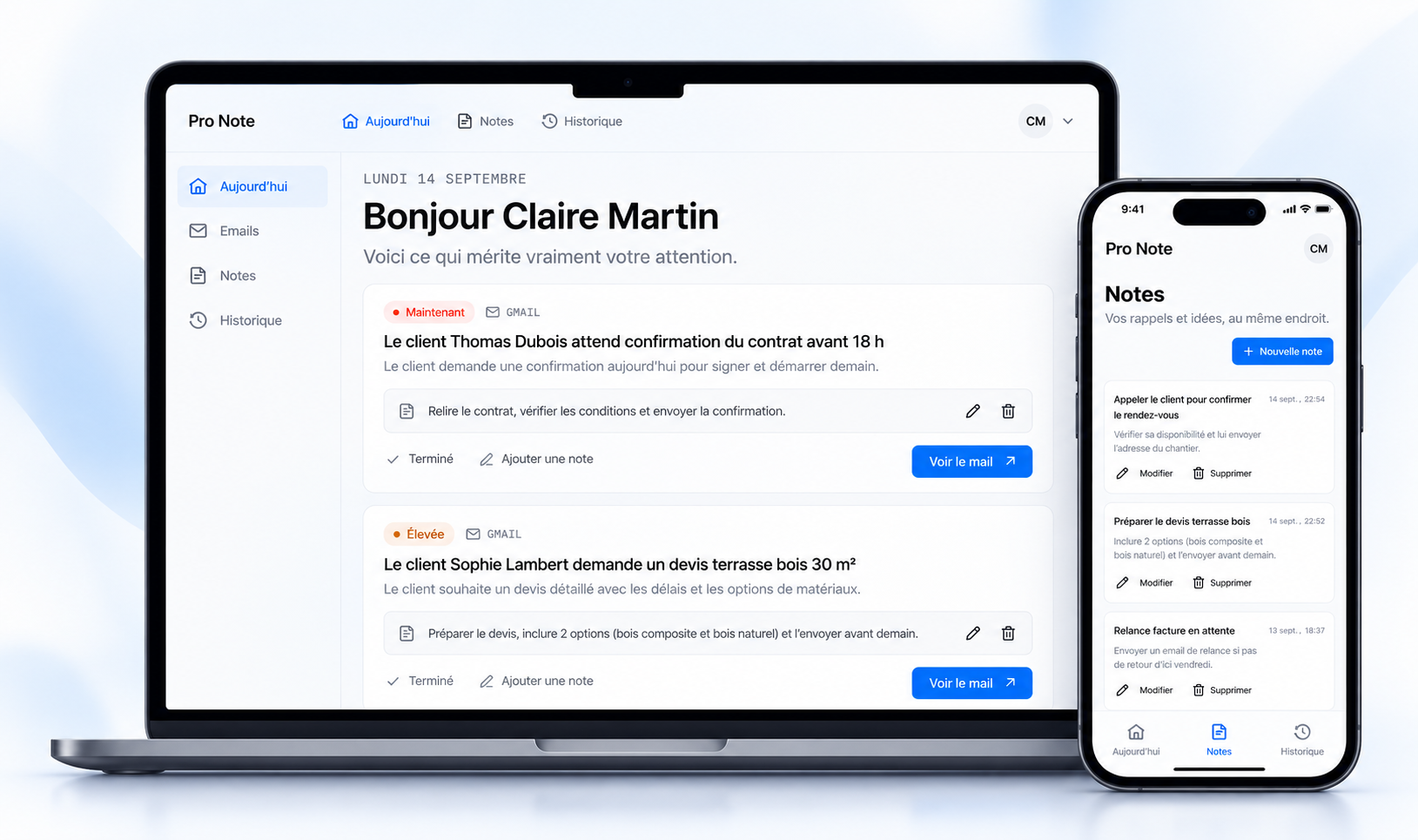 Pro Note sur ordinateur et téléphone